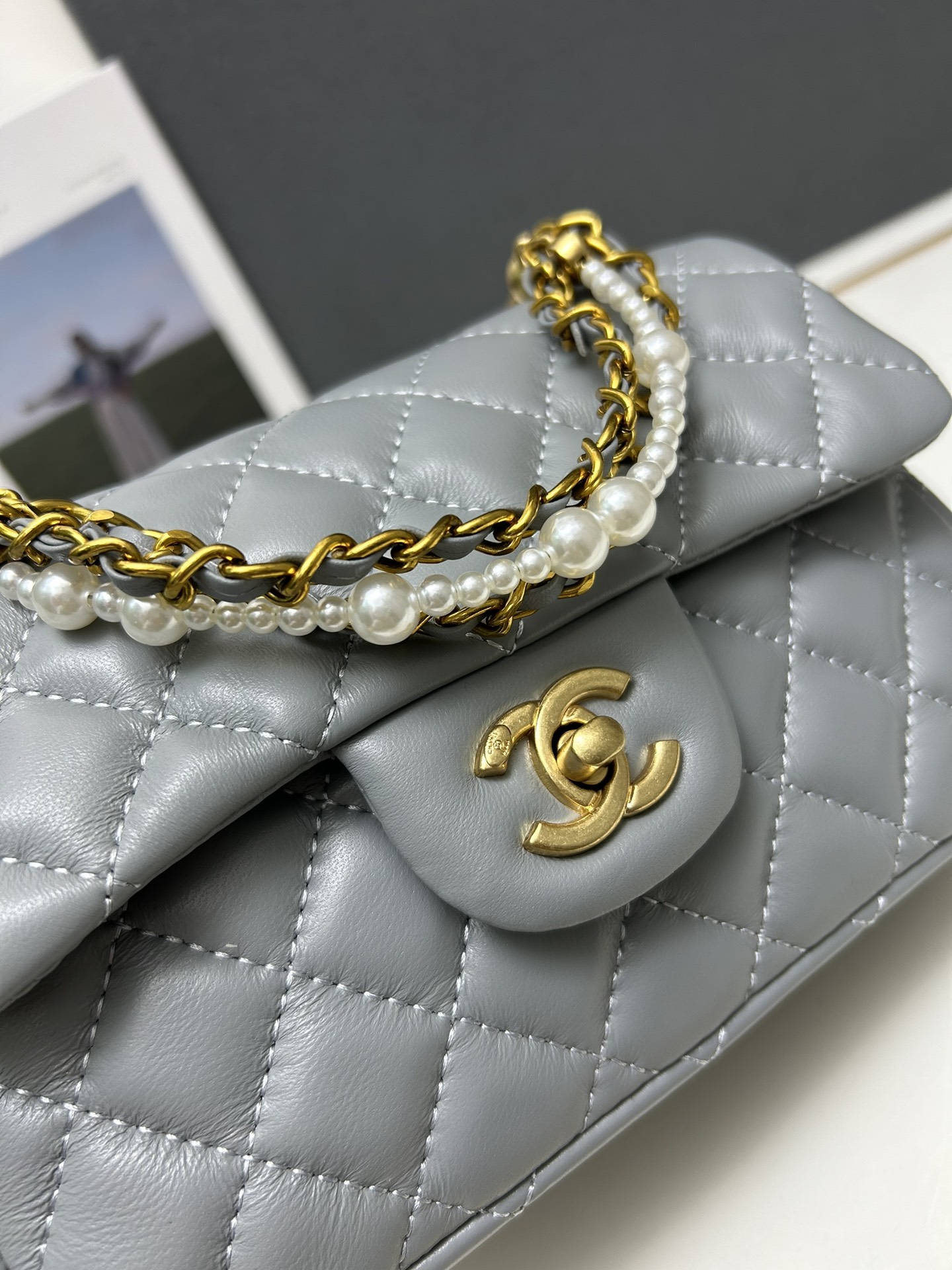 CC Inspired Mini Square Pearl Flap Bag Grey Leather Gold Hardware - Gorchic - $132.99