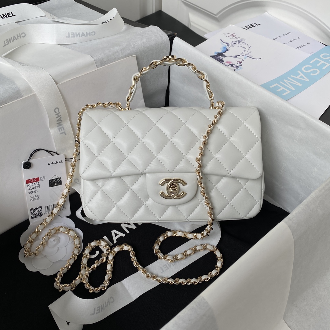 CC Inspired Lambskin Quilted Mini Top Handle Rectangular Flap White Golden Hardwear Bag - Gorchic - $152.99