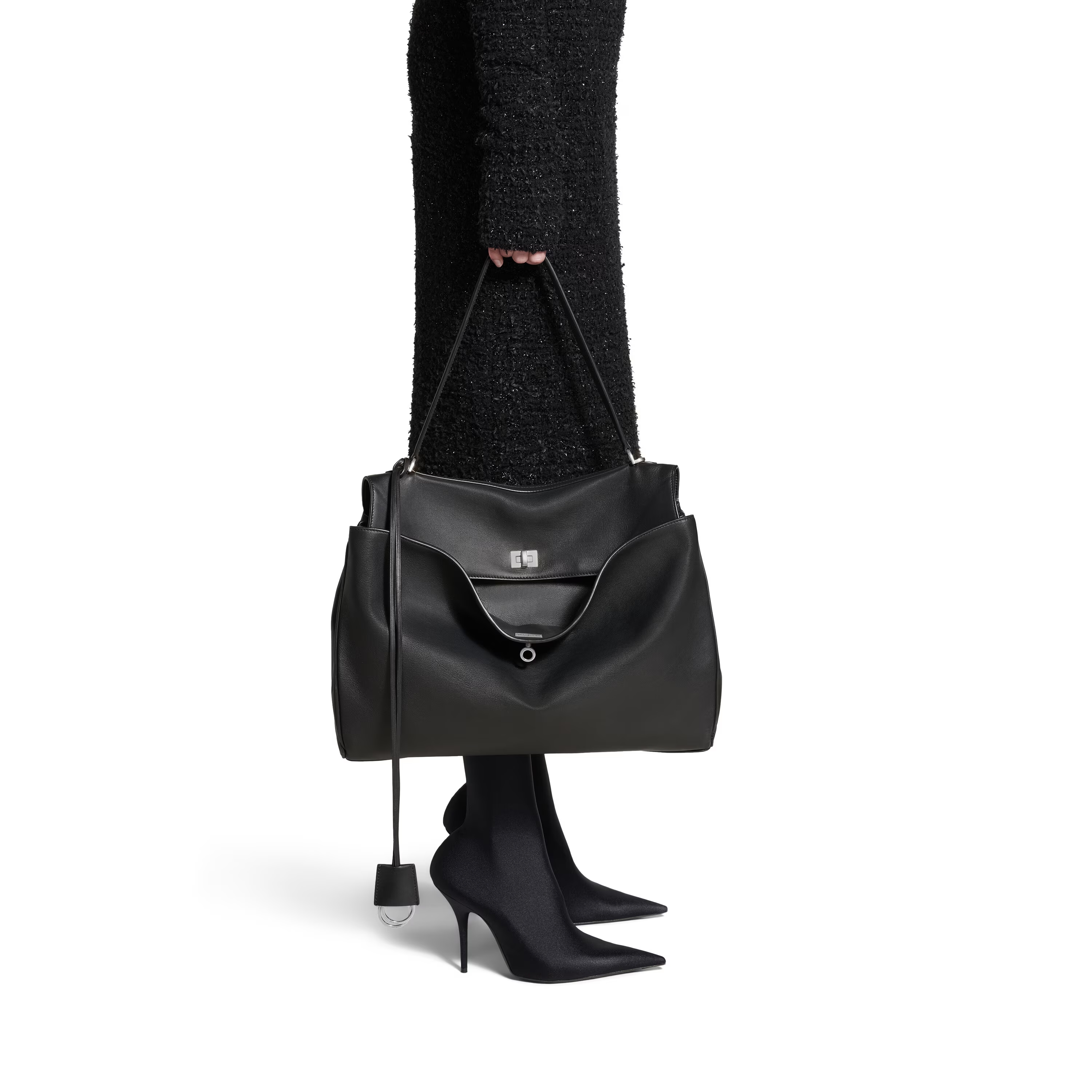 Hourglass iconic Rodeo leather shoulder bag in Black and aged-sliver hardware Multiple Size - Bag - Gorchic - $169.99