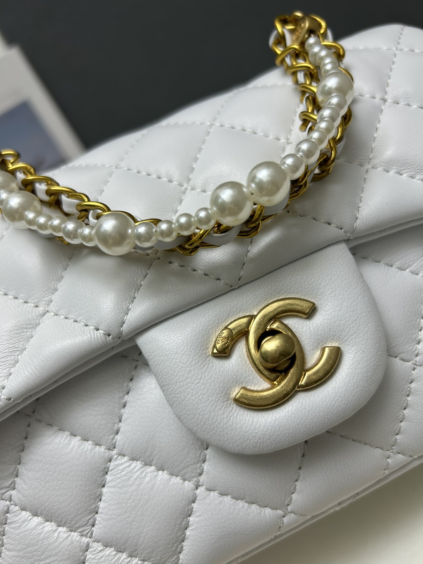 CC Inspired Mini Square Pearl Flap Bag White Leather Gold Hardware - Gorchic - $132.99