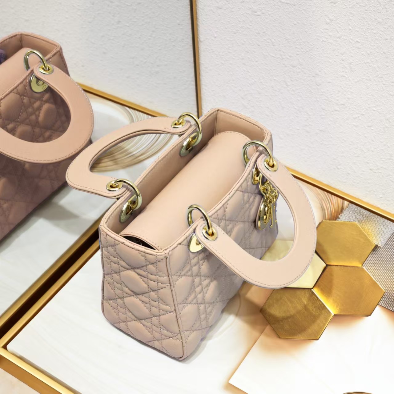 D Inspired Small Lady D Inspired Bag Powder Patent Cannage Calfskin Golden Hardware - Bag - Gorchic - $137.99