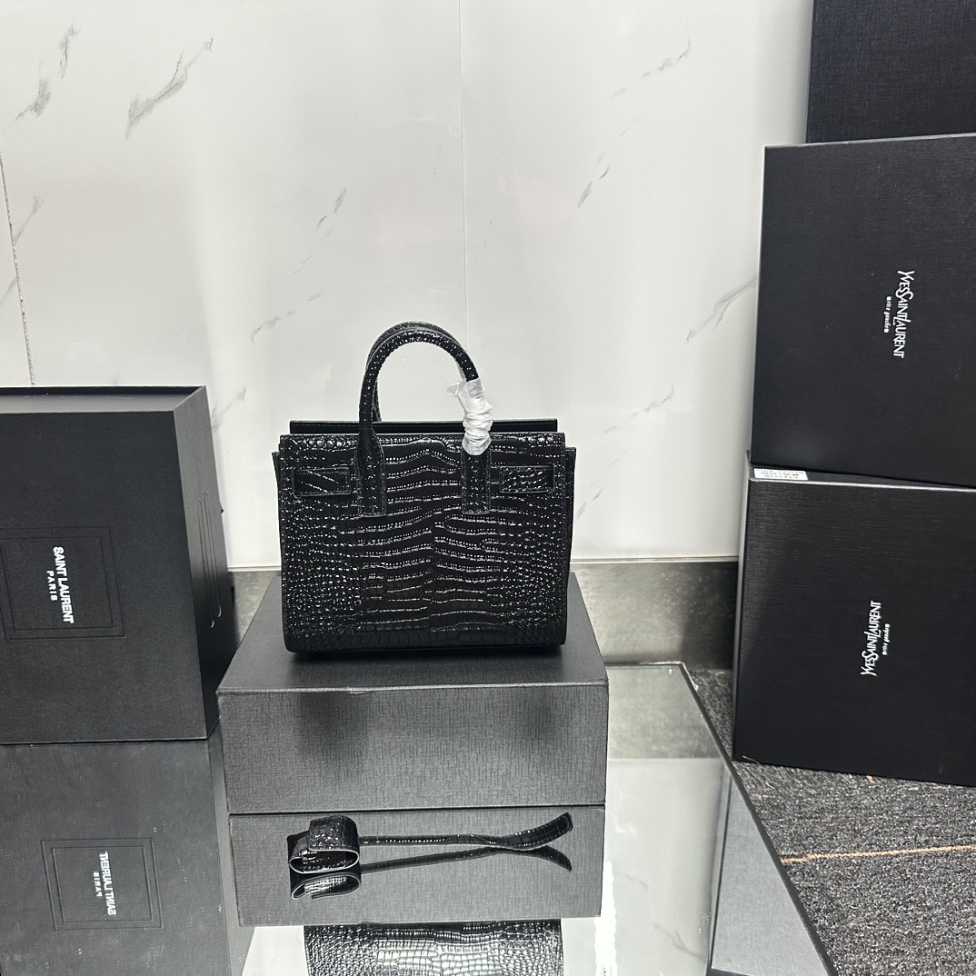 Lady Designer Black Croc Embossed Leather Nano Classic Sac De Jour Tote - Bag - Gorchic - $175.99