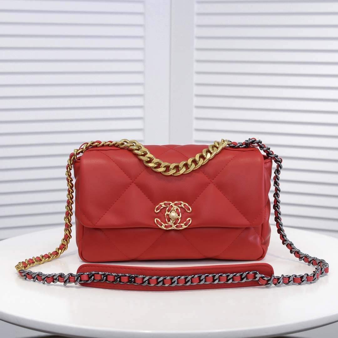 CC Inspired Calfskin Quilted CC Inspired 19 Flap Red -Golden - Bag - Gorchic - $132.99