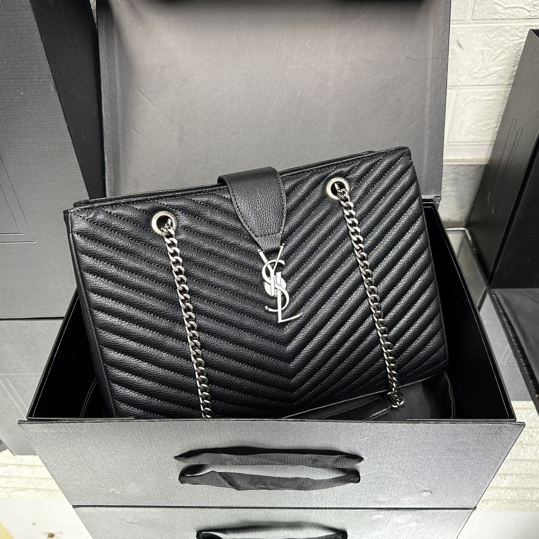 Lady Designer Black Matelasse Leather Cassandre Large Shopper Tote-Sier Hardware - Bag - Gorchic - $153.99