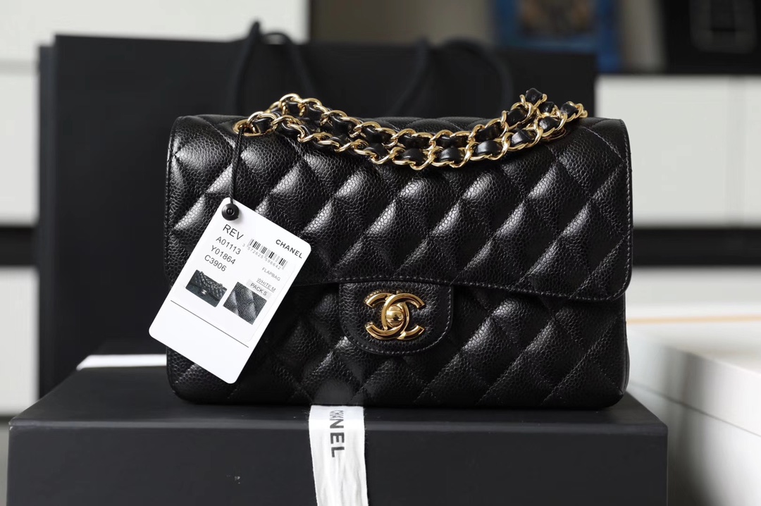CC Inspired Classic Flag Bag Small Classic Double Flap Black Caviar Gold Hardware - Bag - Gorchic - $125.99