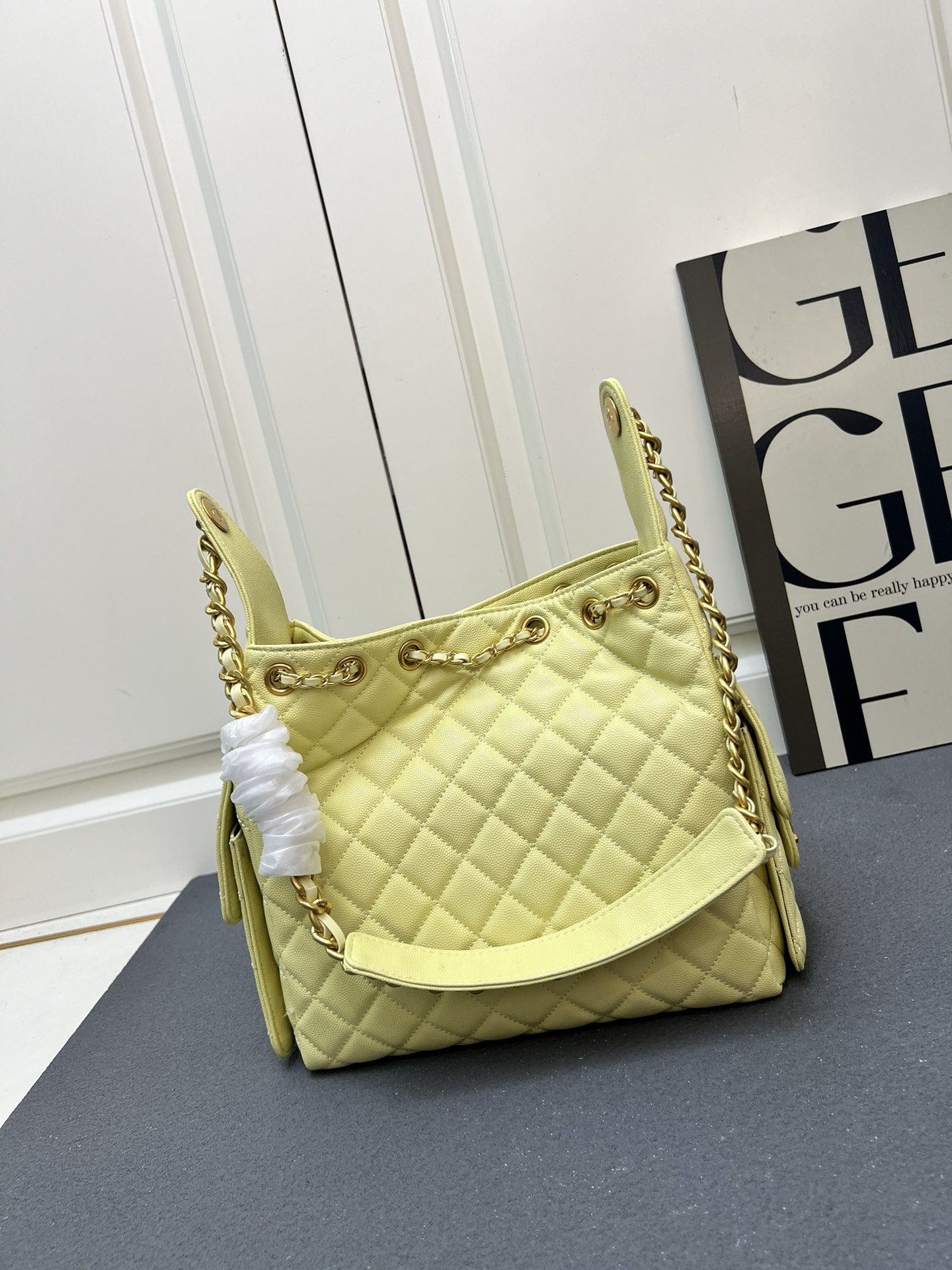 CC Inspired 25 Small Handbag Grained Calfskin & Gold-Tone Metal Light Yellow - Bag - Gorchic - $152.99