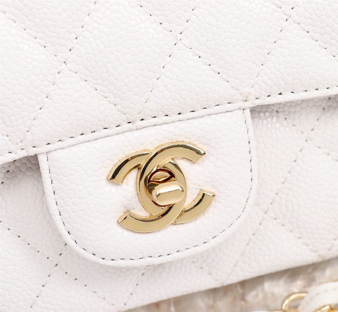 CC Inspired Classic Double Flap Bag White Caviar Golden Hardware - Bag - Gorchic - $122.99
