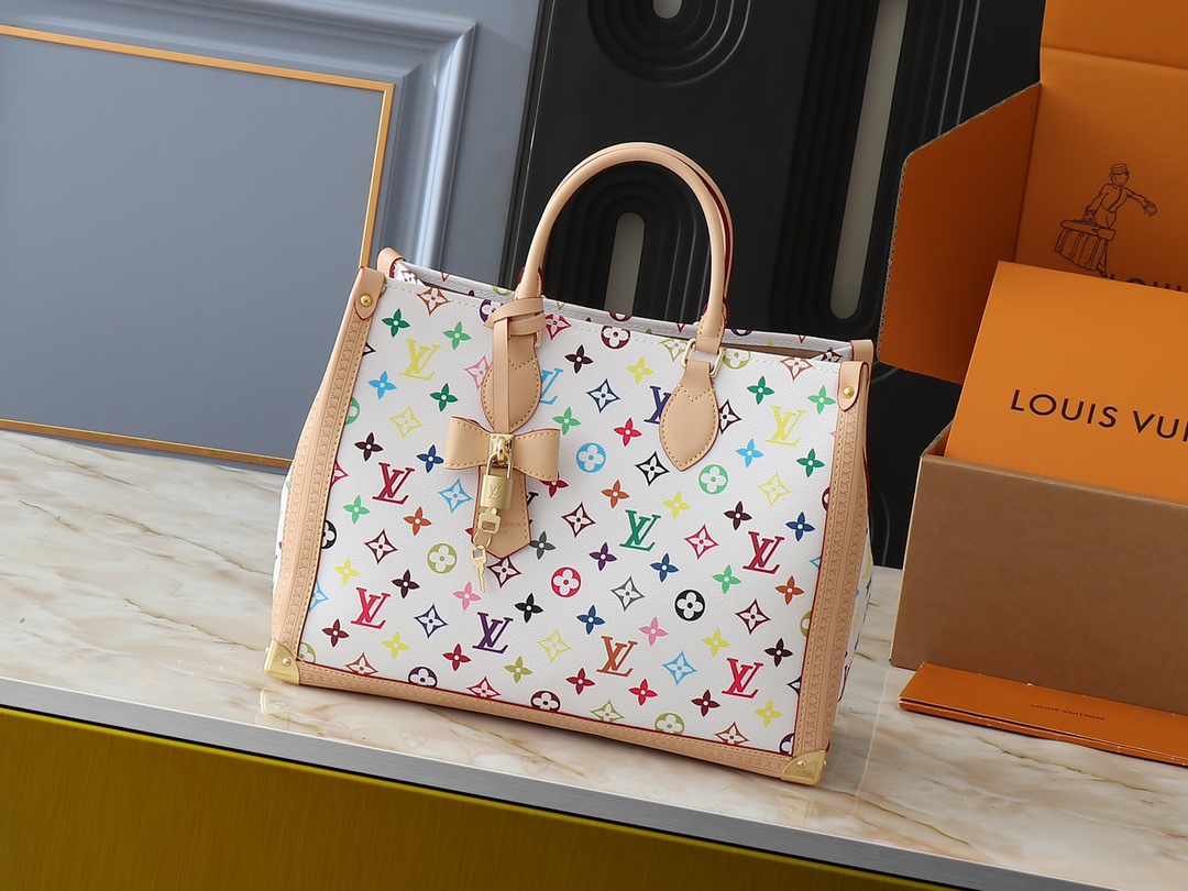 Designer Monogram x Murakami  x TM OnTheGo MM White Multicolored in Coated Canvas with Gold-toned Bag - Gorchic - $138.99