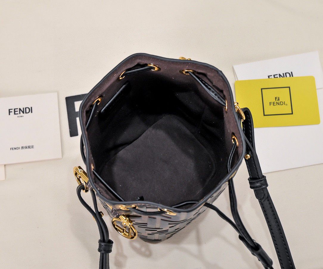 FD Brown/Black Zucca Leather Mini Mon Tresor Drawstring Bucket Bag - Gorchic - $125.99