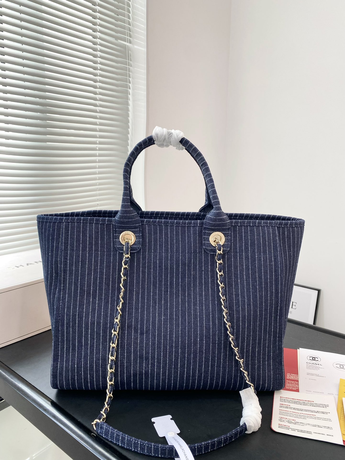 CC Inspired Shopping Tote Bag Denim & Gold Metal Dark Blue - Bag - Gorchic - $163.99