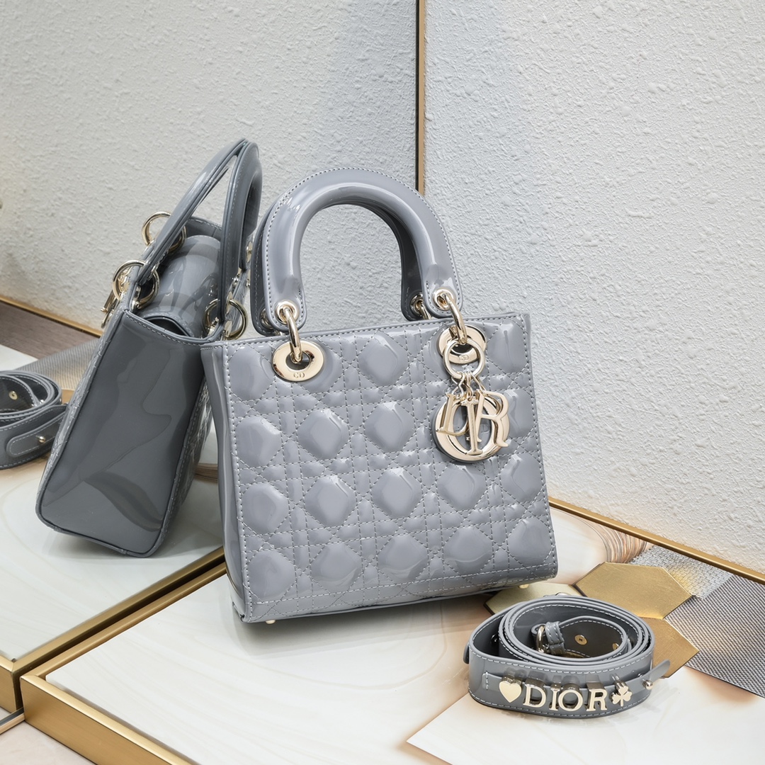 D Inspired Small Lady D Inspired Bag Powder Grey Patent Cannage Calfskin Golden Hardware - Bag - Gorchic - $144.99
