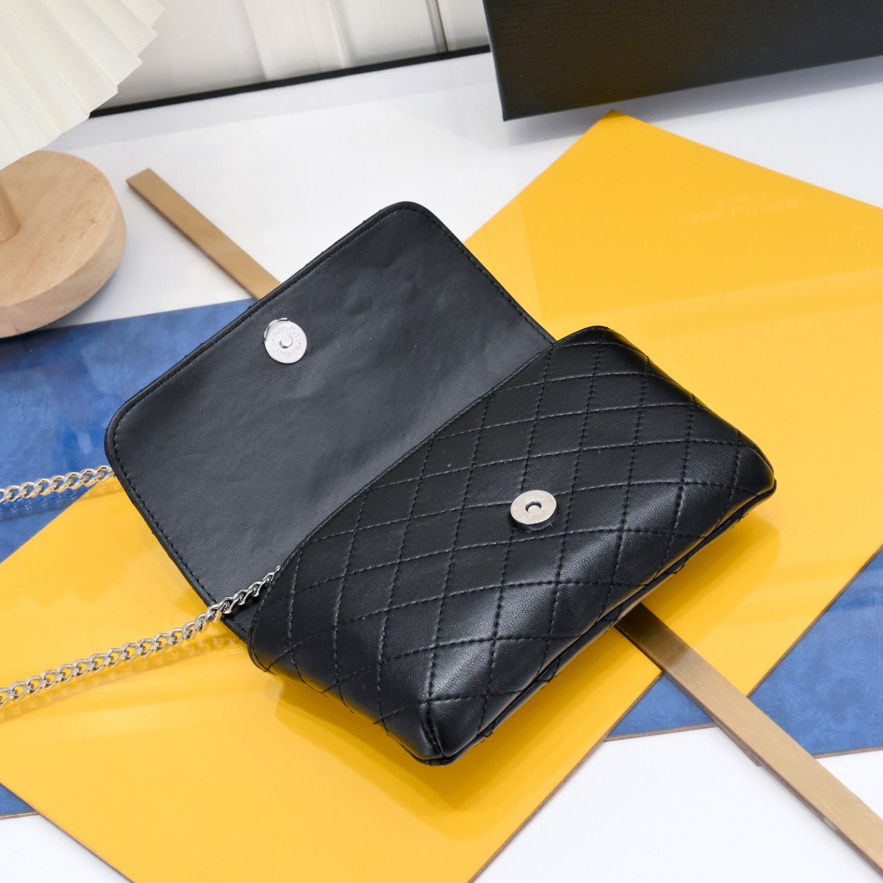 Lady Designer BLACK GABY CHAIN PHONE HOLDER IN QUILTED Calfskin-SLIVER HARDWARE - Bag - Gorchic - $122.99