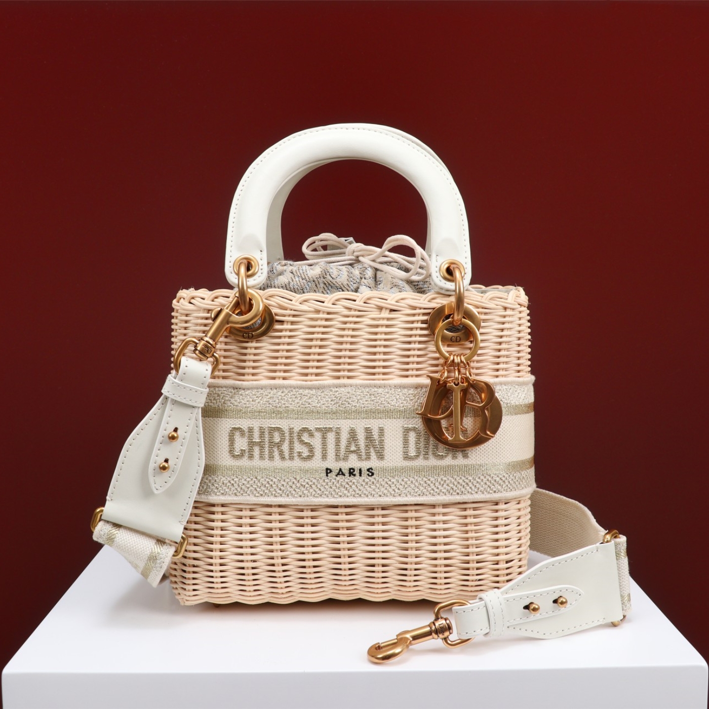 D Inspired Lady D Inspired Natural Wicker and Blue D Inspired Oblique Jacquard Handbag - Bag - Gorchic - $178.99