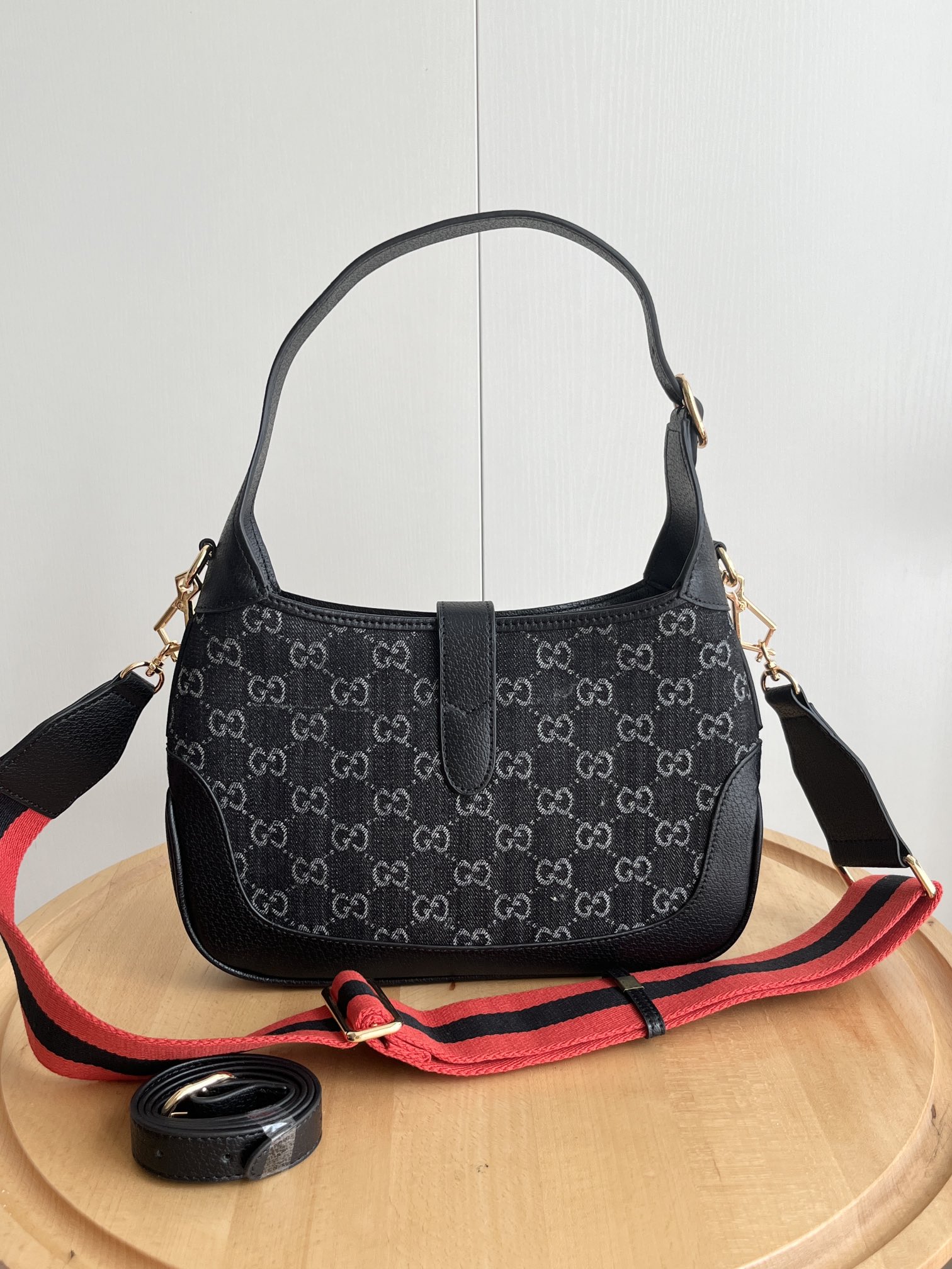 Double-G Small Jackie 1961 Bag in Horsebit Black Denim and GHW - Bag - Gorchic - $124.99
