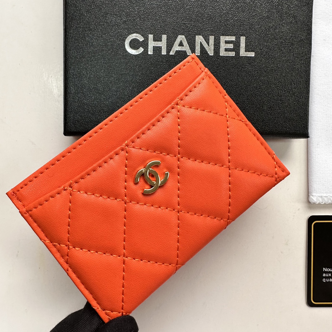CC Inspired CLASSIC CARD HOLDER Grained Calfskin Orange Wallet - Gorchic - $37.99
