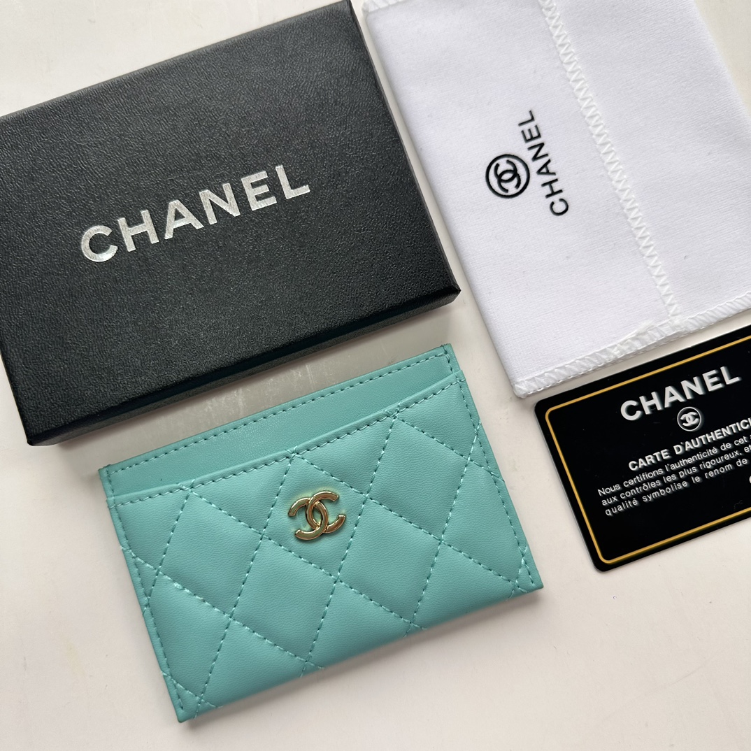 CC Inspired CLASSIC CARD HOLDER Grained Shiny Calfskin & Gold-Tone Metal Light Blue -Wallet - Gorchic - $37.99
