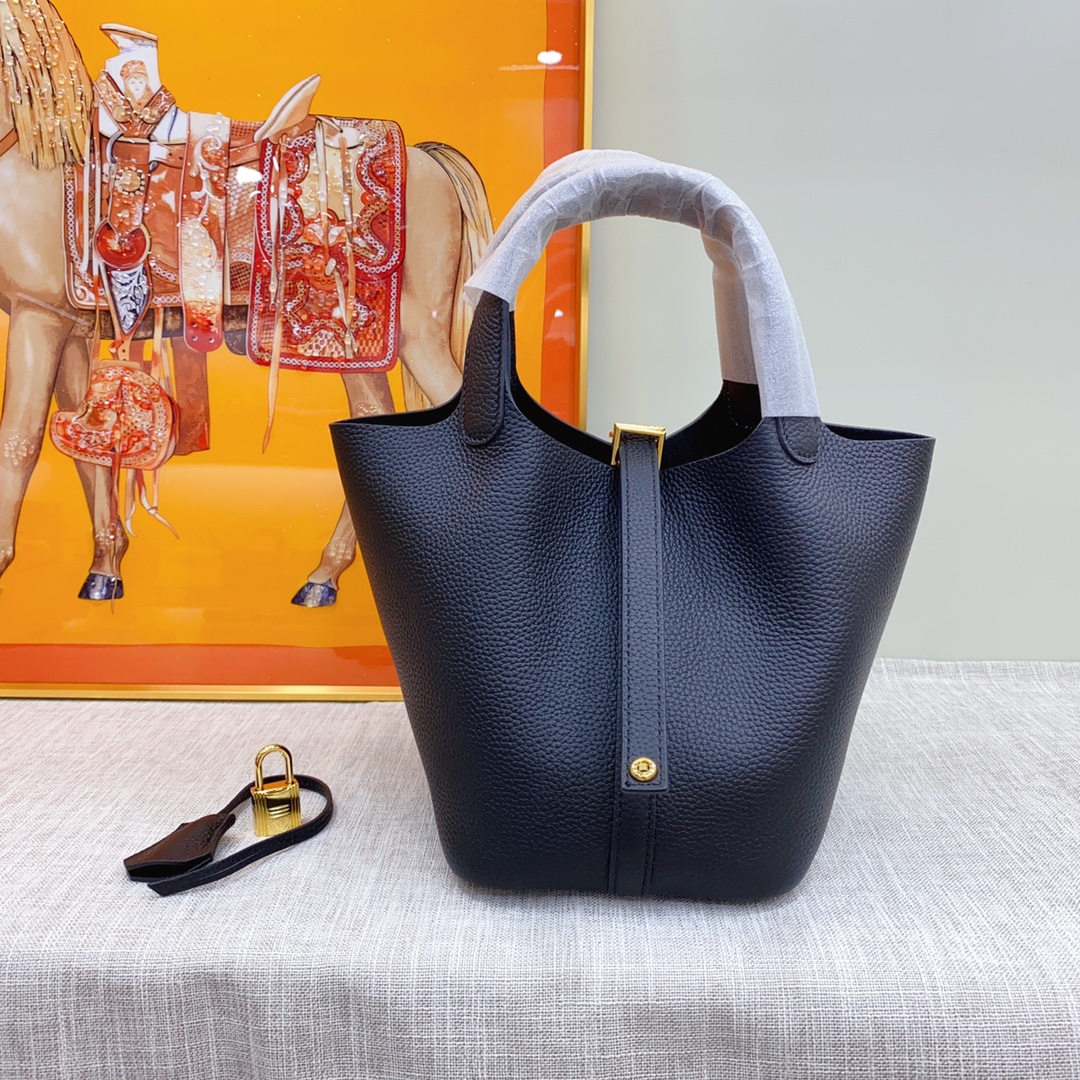 H-Inspired Clemence Picotin Lock Bag Golden Hardware -Black Bag - Gorchic - $143.99