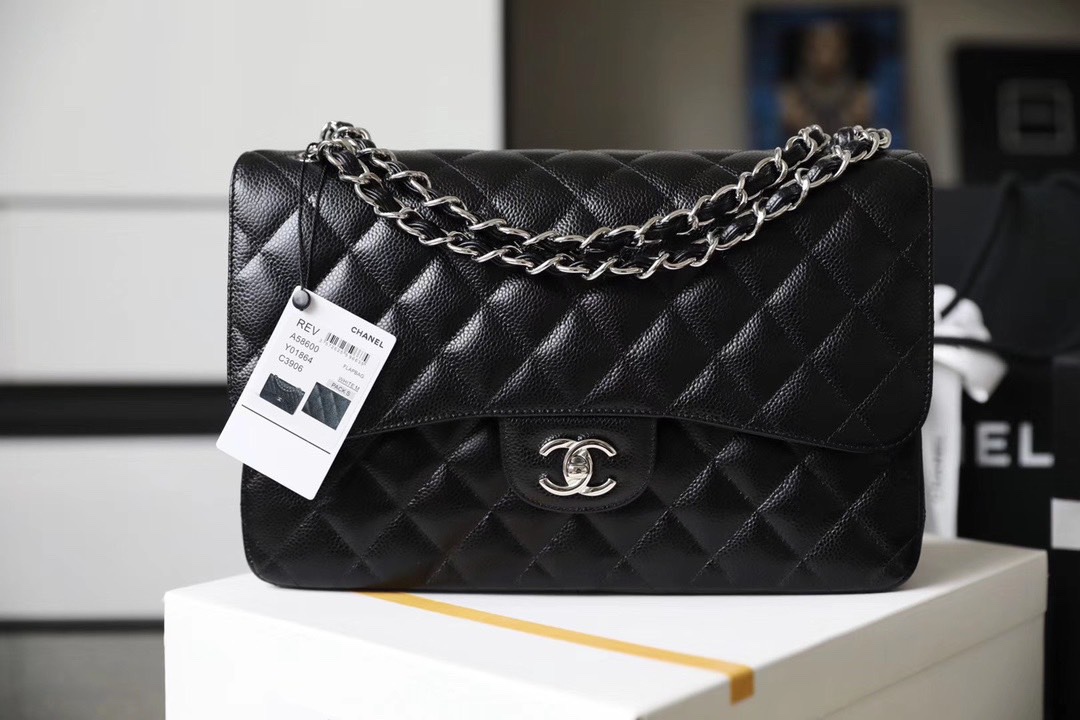 CC Inspired Classic Flag Bag Jumbo Classic Double Flap Bag Black Caviar Sliver Hardware - Bag - Gorchic - $125.99