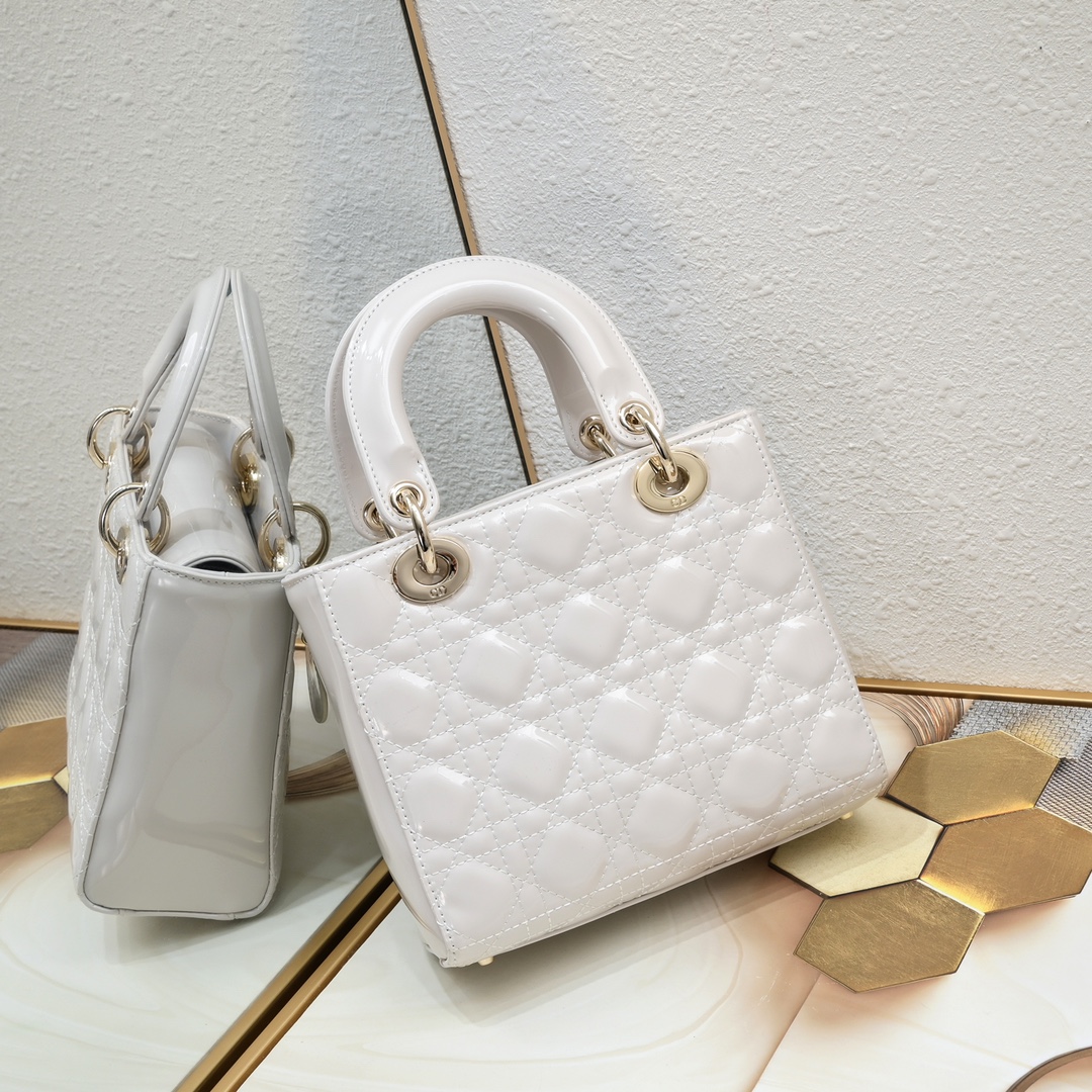 D Inspired Small Lady D Inspired Bag Powder White Patent Cannage Calfskin Golden Hardware - Bag - Gorchic - $144.99