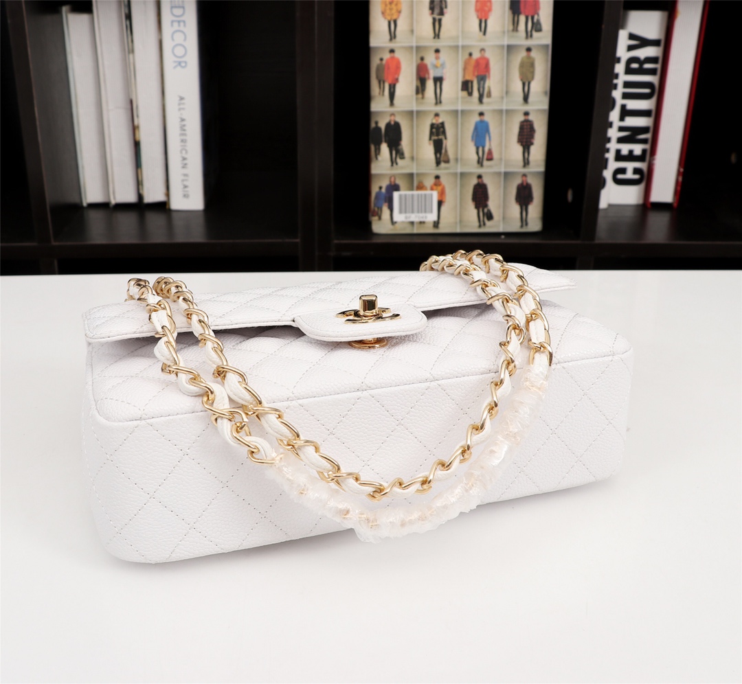 CC Inspired Classic Double Flap Bag White Caviar Golden Hardware - Bag - Gorchic - $122.99