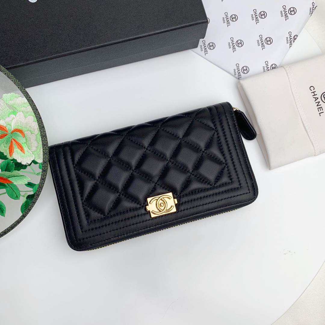 CC Inspired Zip Around Wallet Quilted Caviar Long-Plain Gold Wallet - Gorchic - $52.99