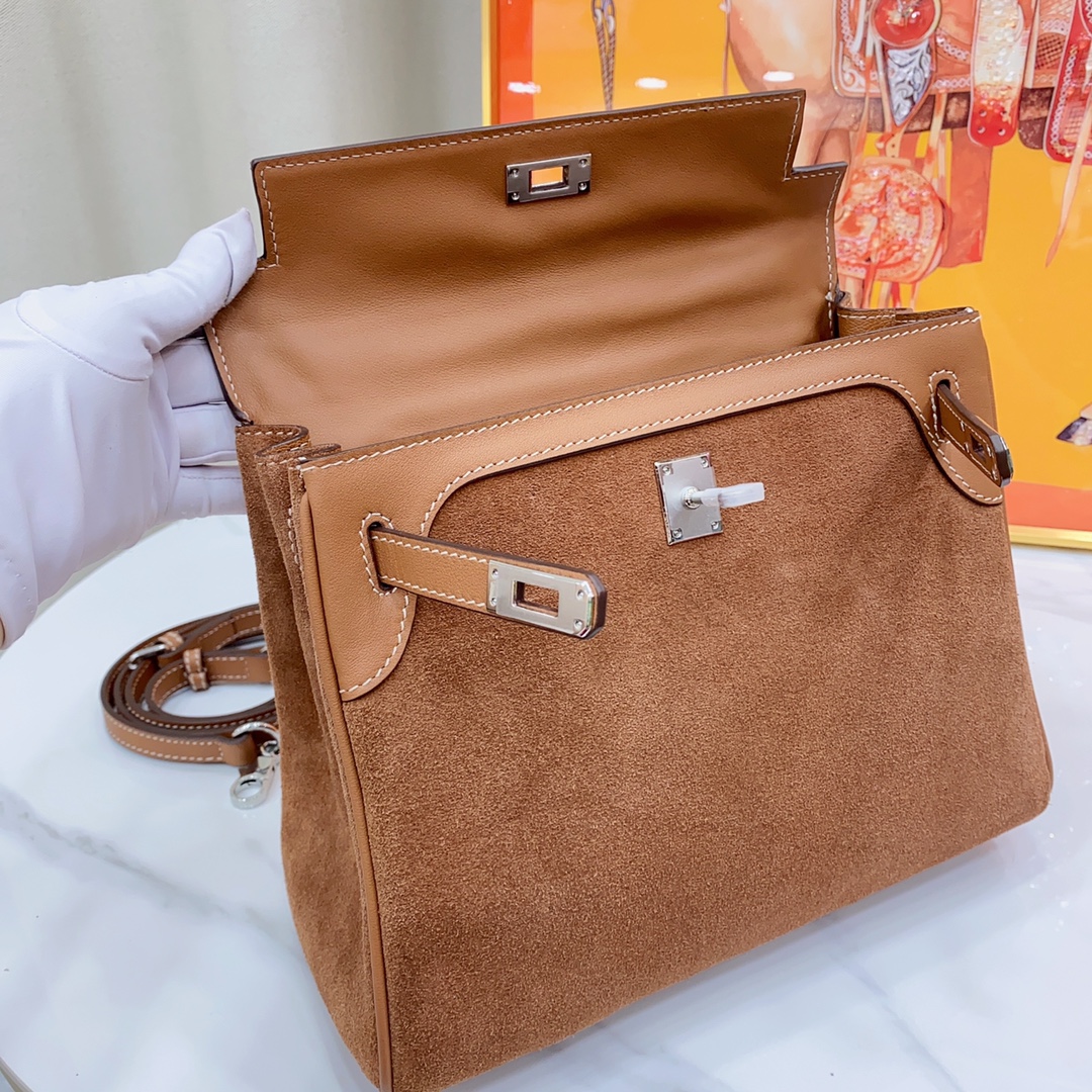 H-Inspired Kelly Haze Brown Suede - Handbags - Gorchic - $230.99