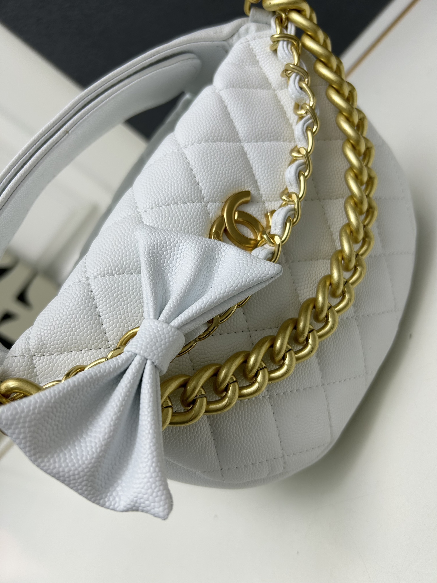 CC Inspired Shiny Caviar Quilted Bow Pouch Hobo White - Gorchic - $145.99
