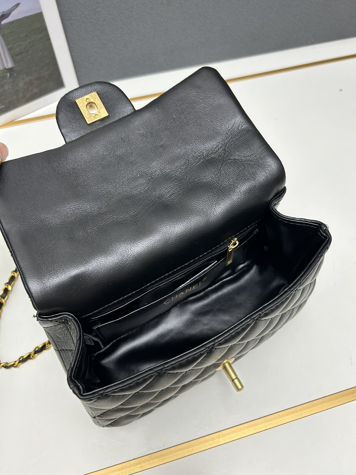 CC Inspired Mini Square Pearl Flap Bag Black Leather Gold Hardware - Gorchic - $132.99