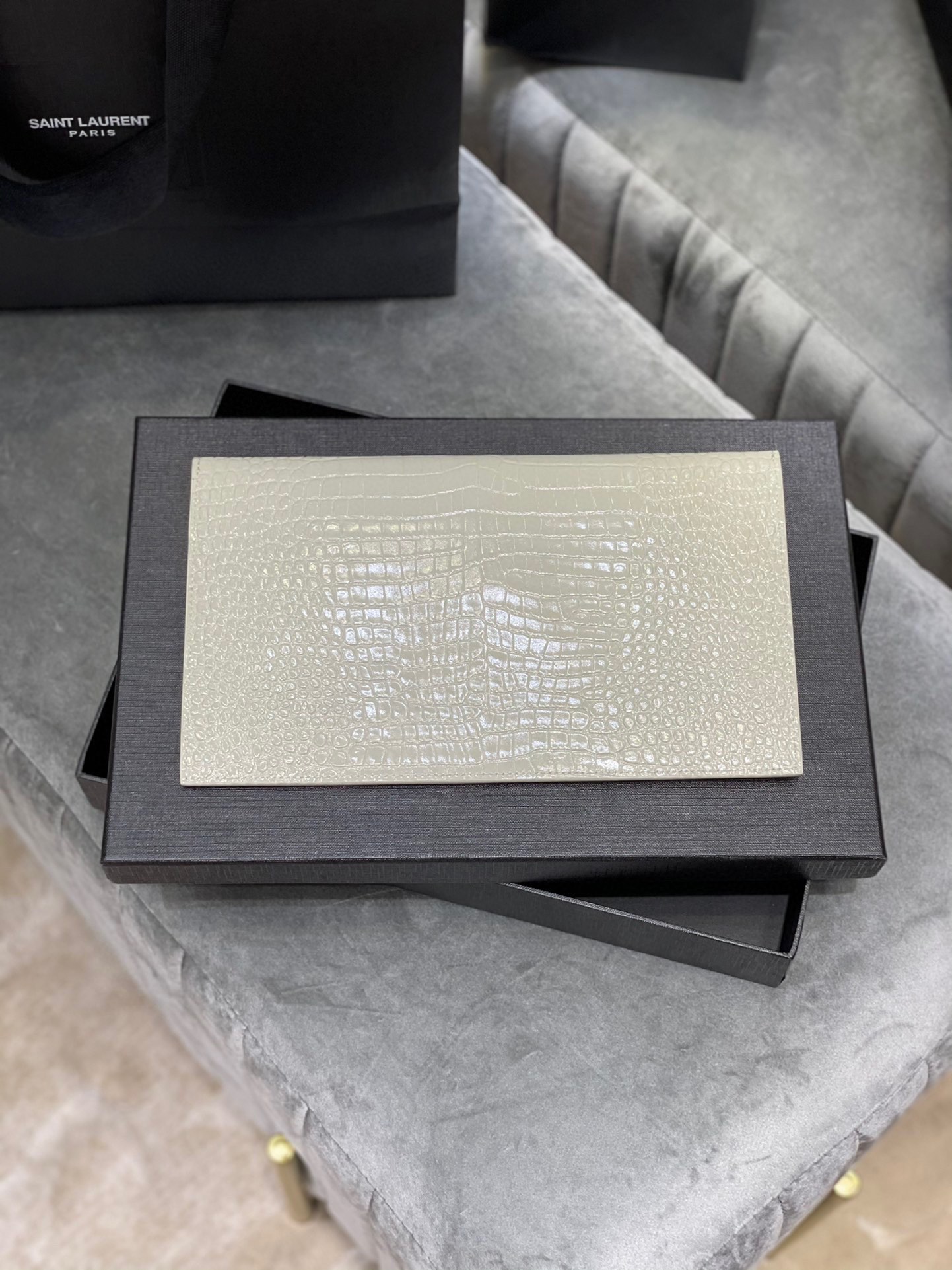 Lady Designer Uptown  POUCH IN CROCODILE-EMBOSSED SHINY LEATHER WHITE-GOLD HARDWARE - Bag - Gorchic - $122.99