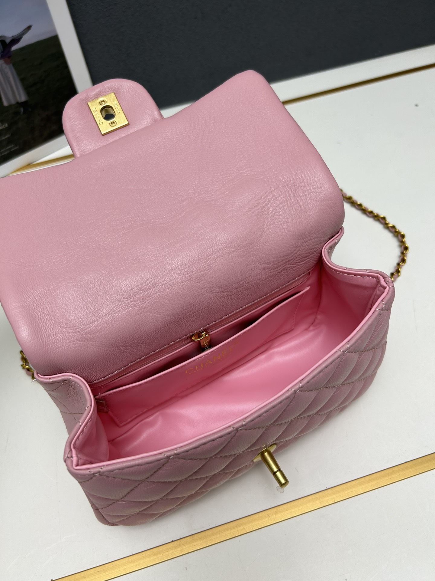 CC Inspired Mini Square Pearl Flap Bag Light Pink Leather Gold Hardware - Gorchic - $132.99