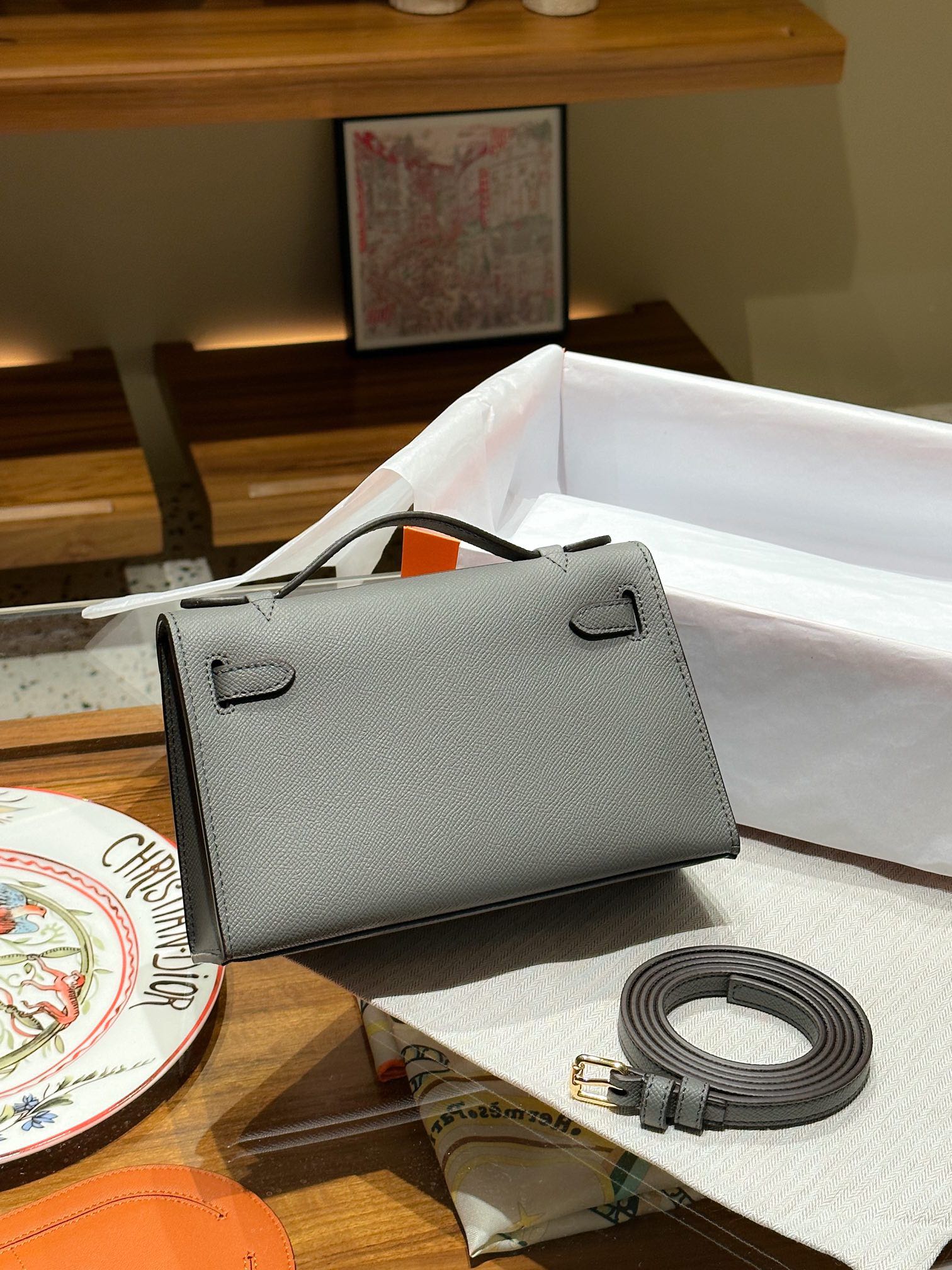 H-Inspired Kelly Mini 1st Kelly Pochette Generation Epsom Palm Leather-Dark Gray - Gorchic - $143.99