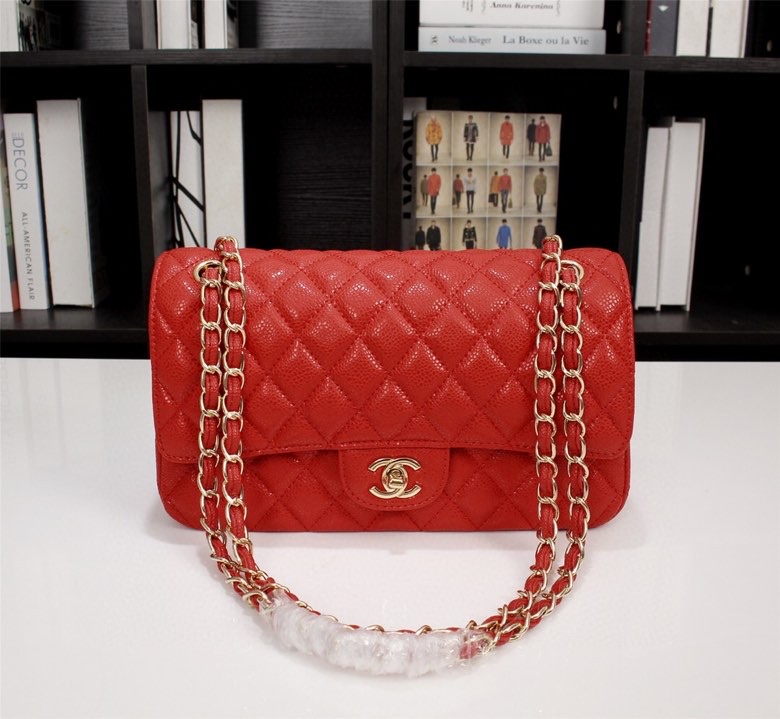 CC Inspired Classic Double Flap Bag Red Caviar Golden Hardware - Bag - Gorchic - $122.99