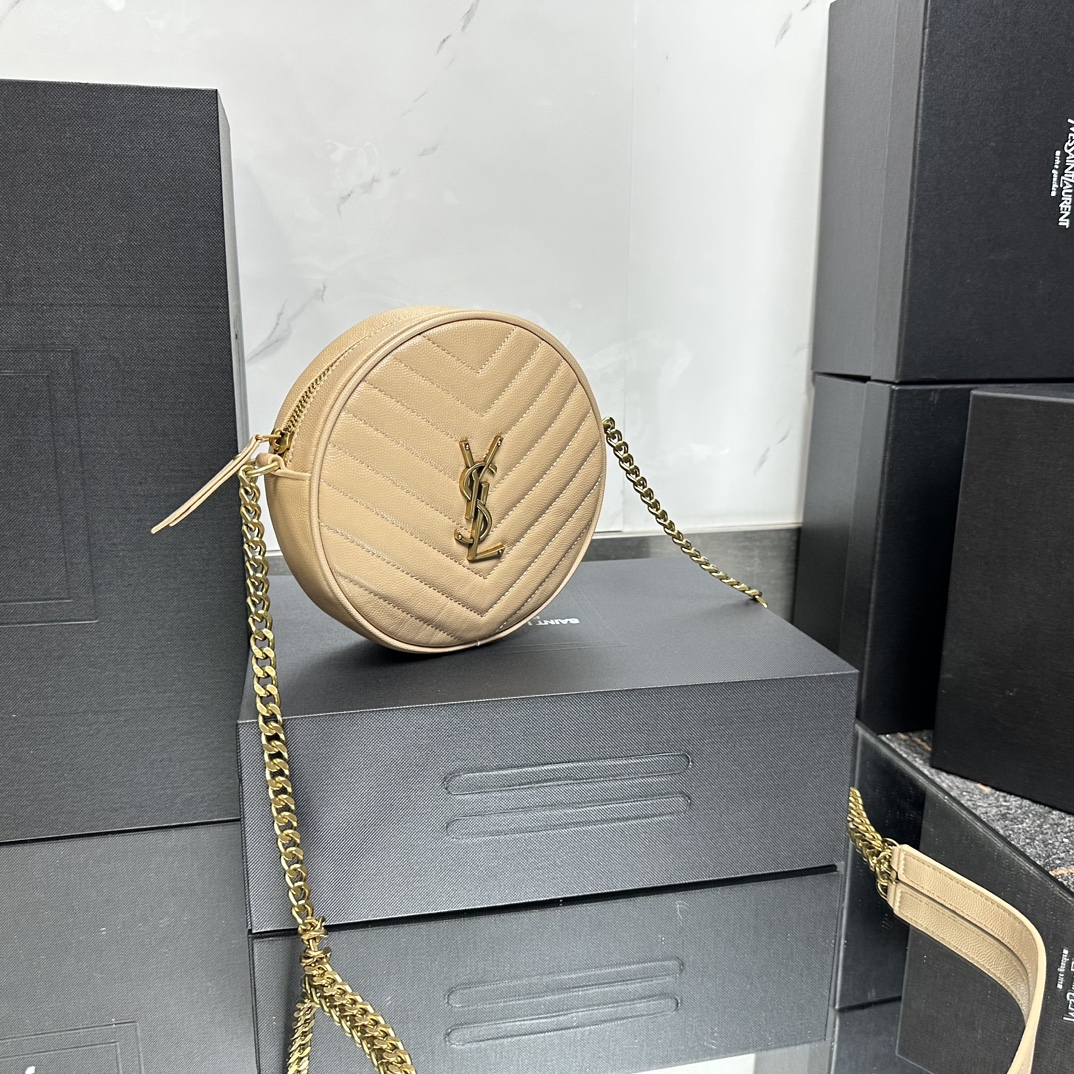 Lady Designer Grain De Poudre Matelasse Chevron Quilted Round Vinyle Camera Bag Dark Beige-Gold hardware - Bag - Gorchic - $131.99