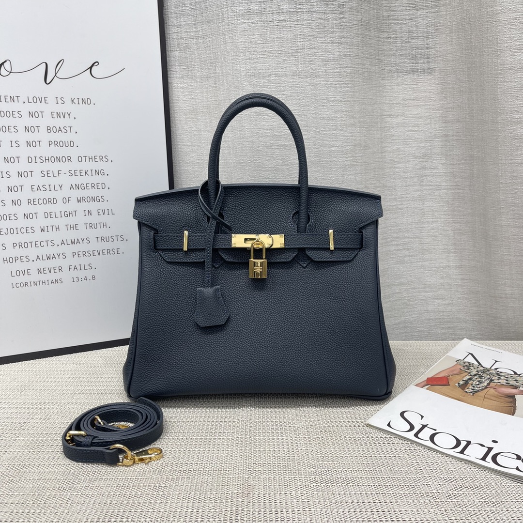 H-Inspired Birkin Togo Retourne Bag Golden-Midnight Blue Bag - Gorchic - $185.99