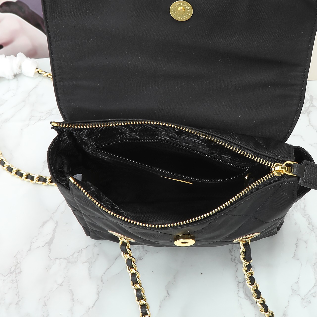 Saffiano texture Tessuto Impuntu Quilted Flap Shoulder Black Bag - Gorchic - $132.99