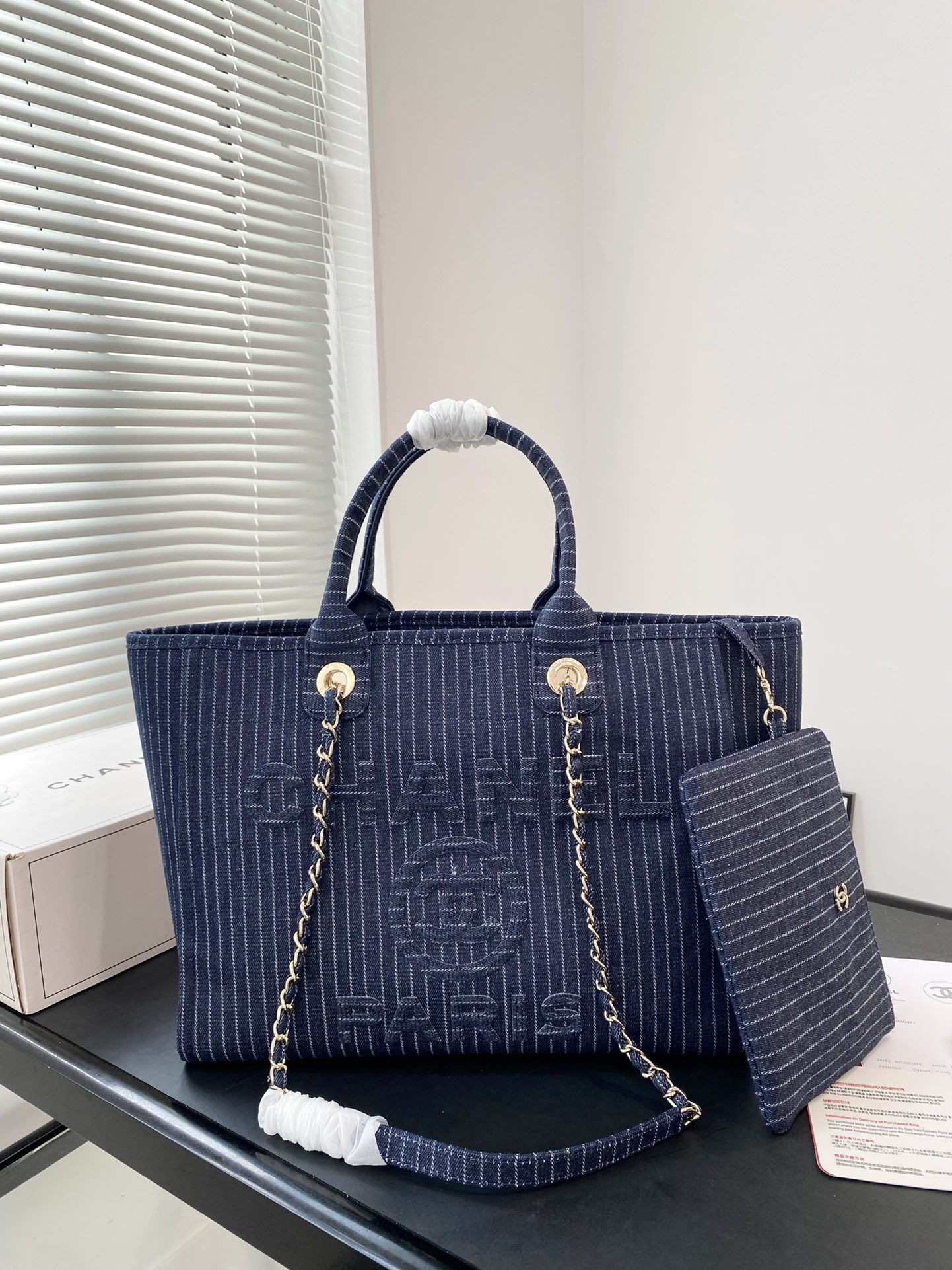 CC Inspired Shopping Tote Bag Denim & Gold Metal Dark Blue - Bag - Gorchic - $163.99