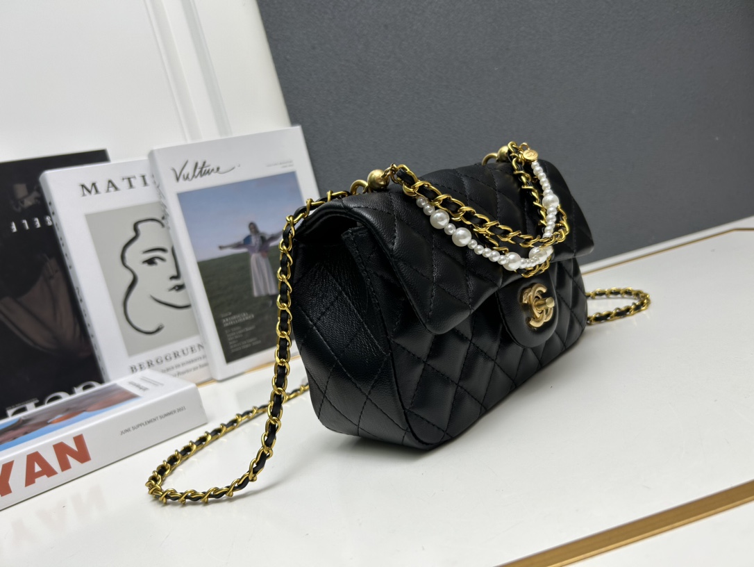 CC Inspired Mini Square Pearl Flap Bag Black Leather Gold Hardware - Gorchic - $132.99