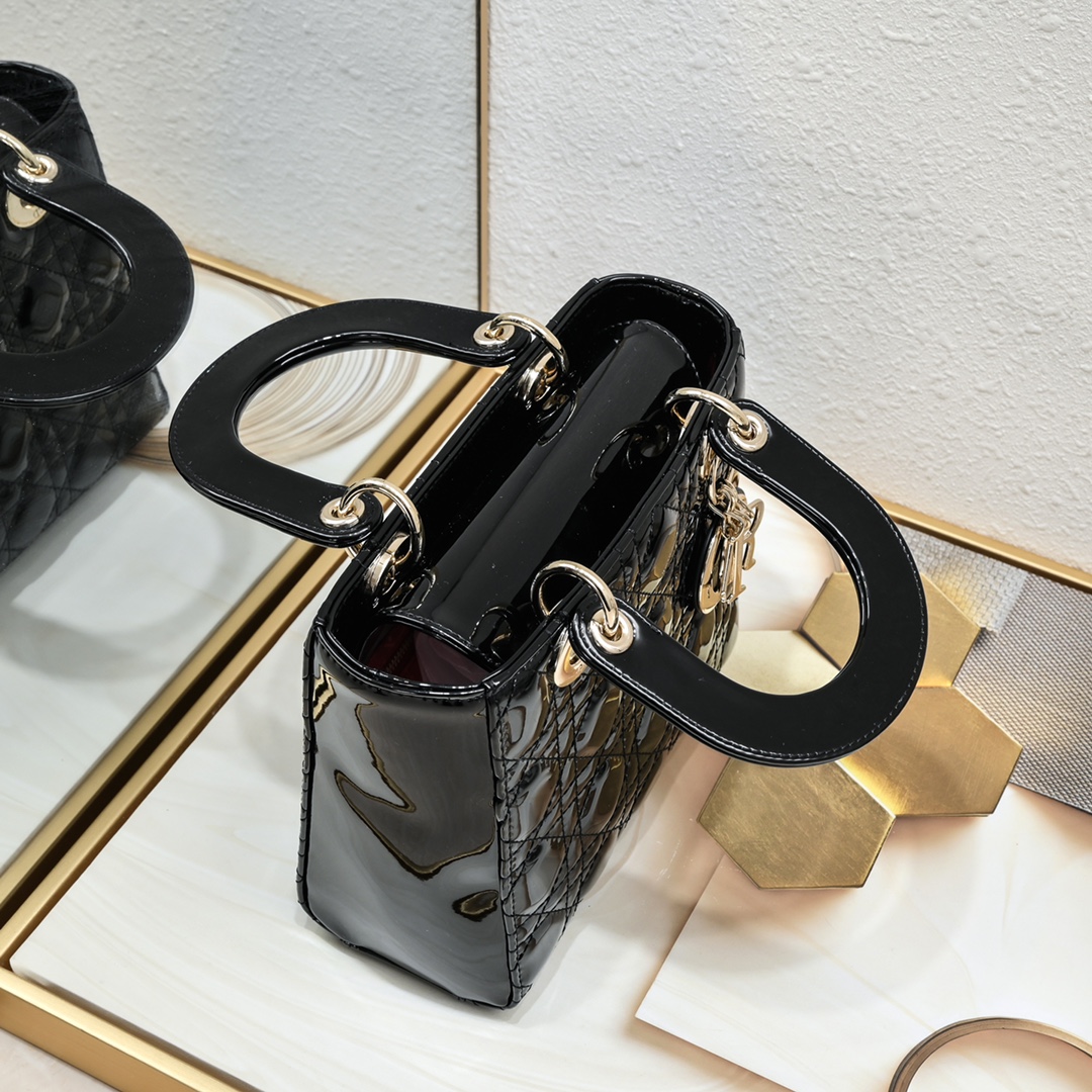 D Inspired Small Lady D Inspired Bag Powder Black Patent Cannage Calfskin Golden Hardware - Bag - Gorchic - $144.99