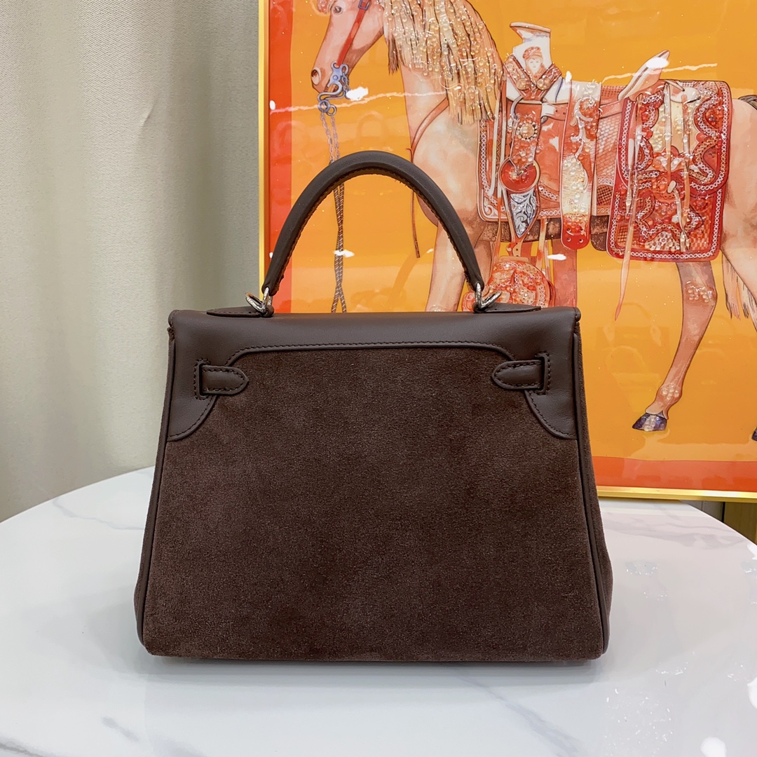 H-Inspired Kelly Haze Coffee Suede - Handbags - Gorchic - $200.99