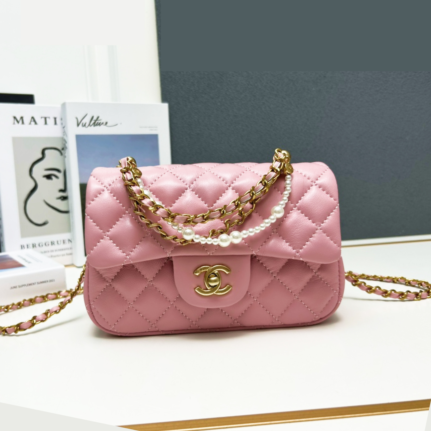 CC Inspired Mini Square Pearl Flap Bag Light Pink Leather Gold Hardware - Gorchic - $132.99