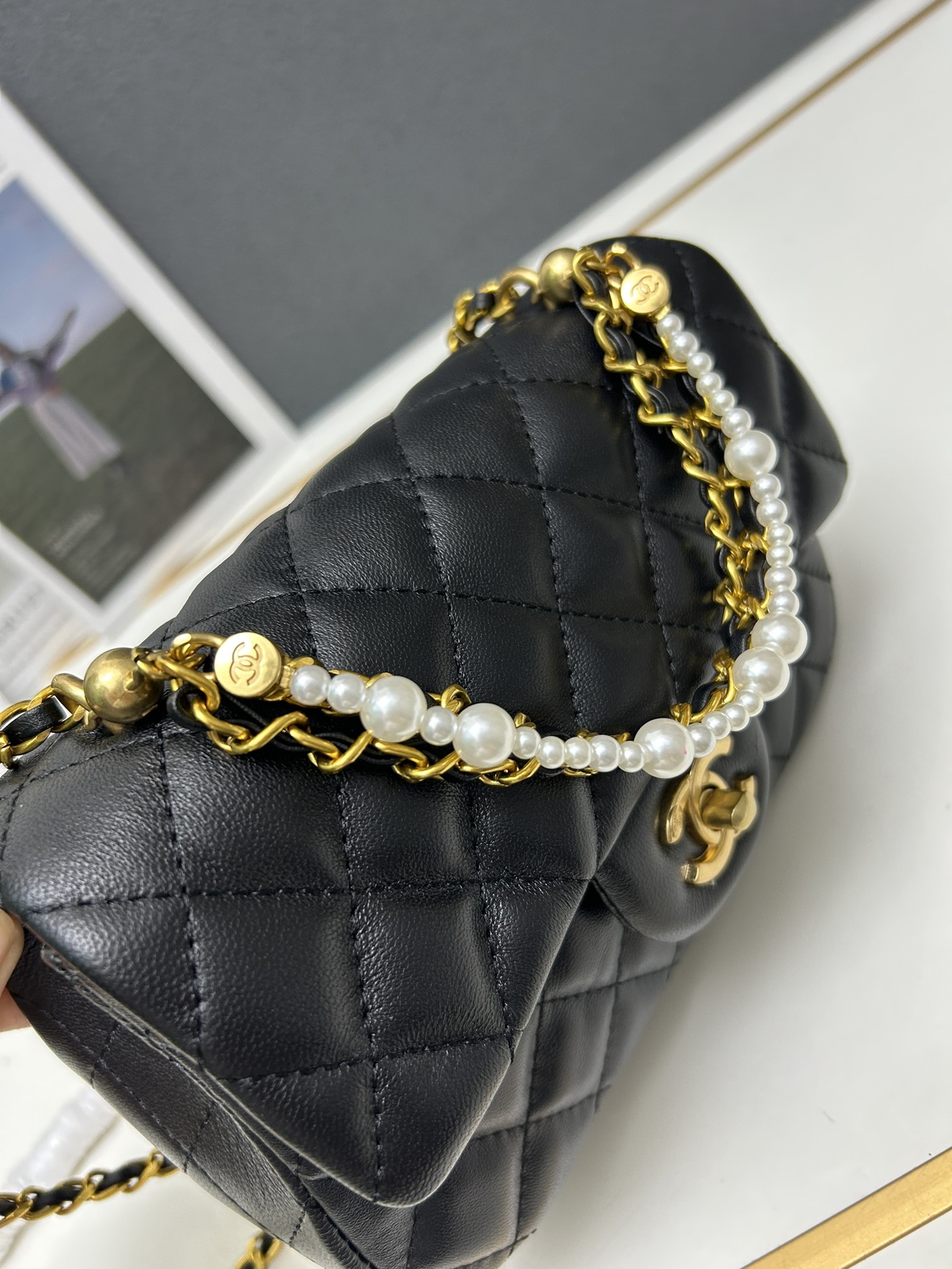 CC Inspired Mini Square Pearl Flap Bag Black Leather Gold Hardware - Gorchic - $132.99