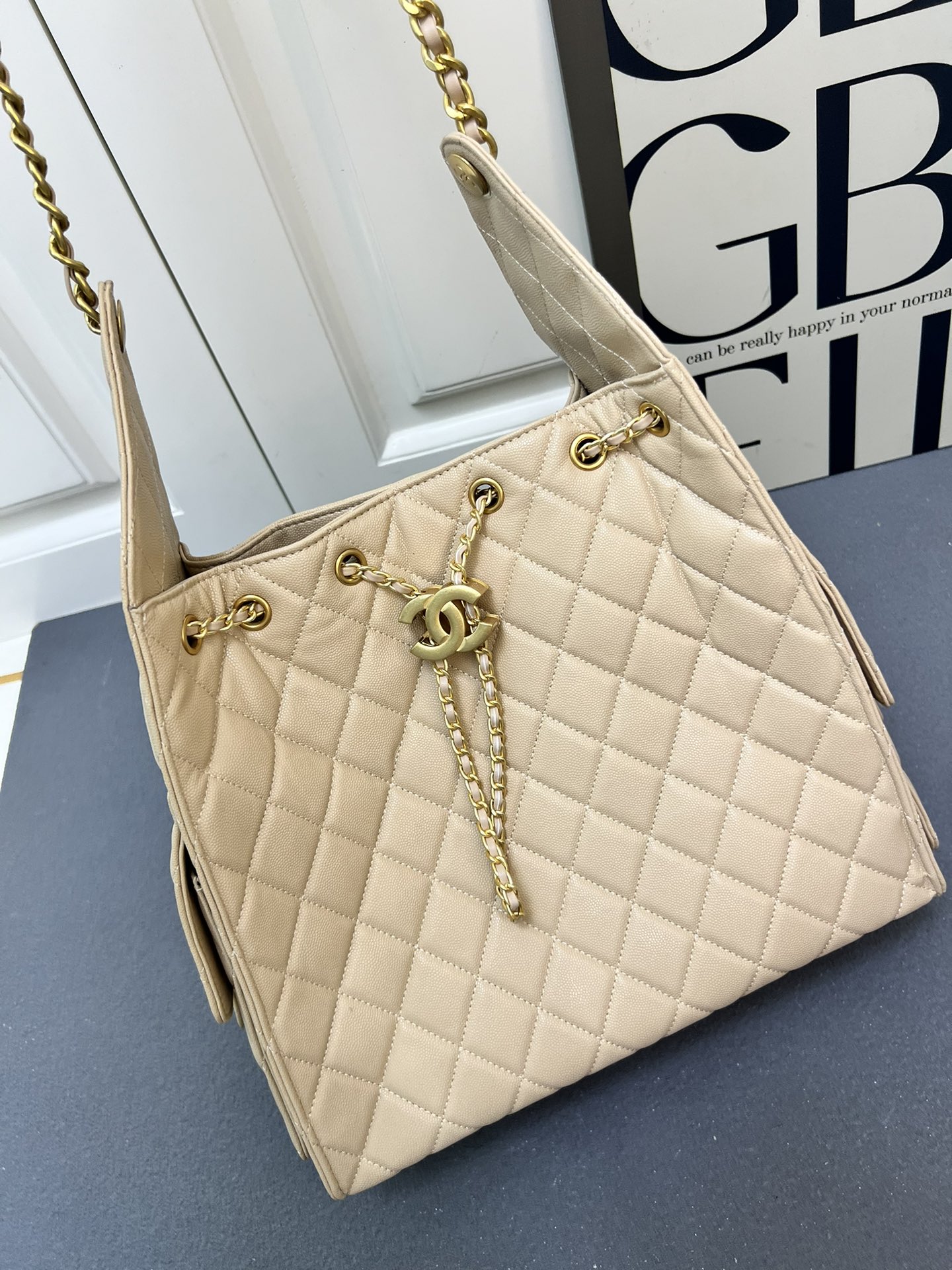 CC Inspired 25 Small Handbag Grained Calfskin & Gold-Tone Metal  Beige -Bag - Gorchic - $152.99