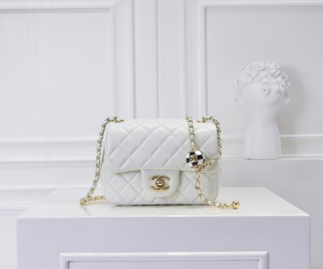 CC Inspired Classic Flag Bag Pearl Crush Mini Square White Calfskin Light Gold Hardware - Bag - Gorchic - $127.99