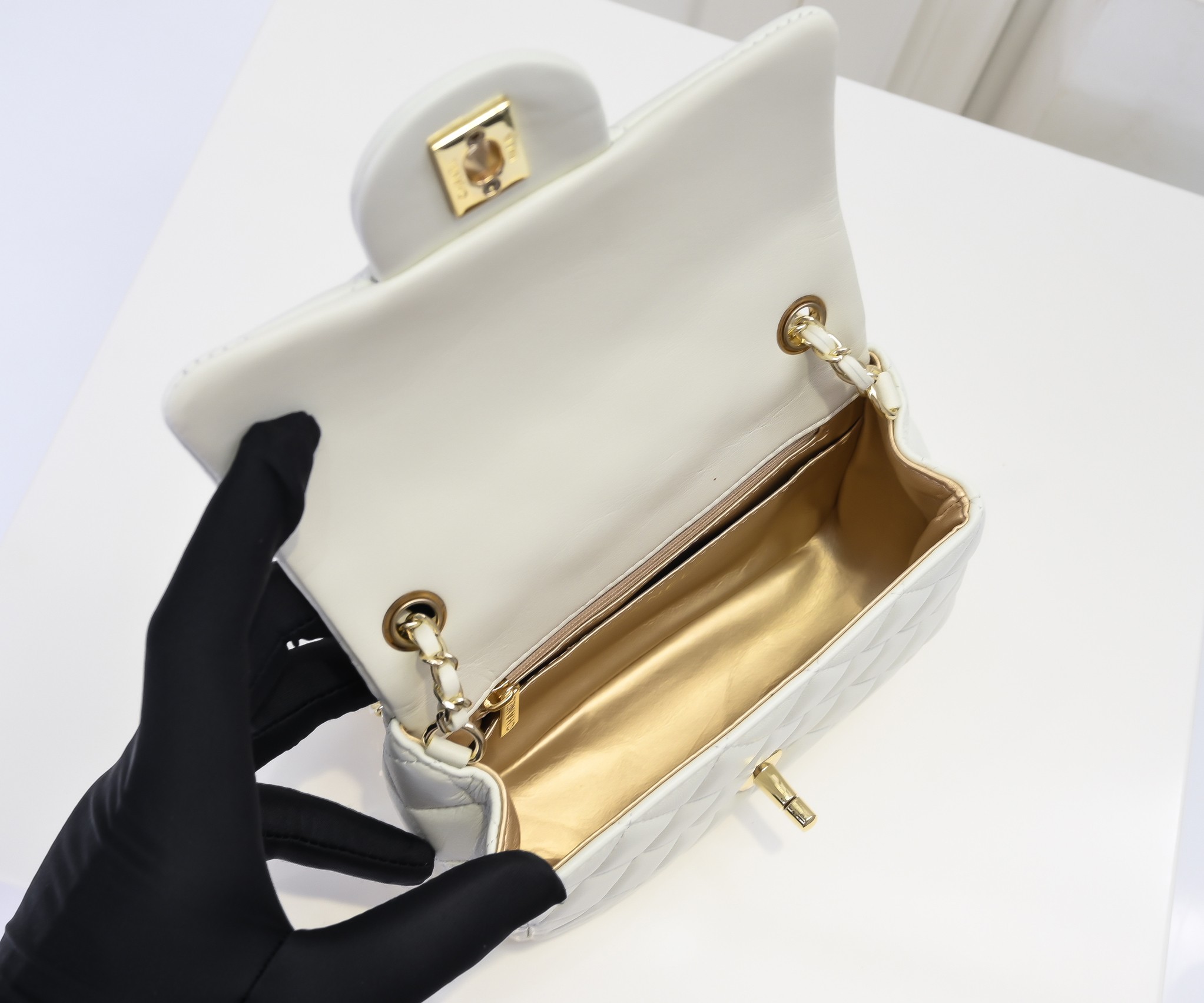 CC Inspired Classic Flag Bag Pearl Crush Mini Square White Calfskin Light Gold Hardware - Bag - Gorchic - $127.99