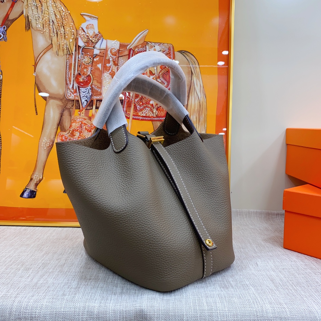 H-Inspired Clemence Picotin Lock Bag Golden Hardware-Dark Grey Bag - Gorchic - $151.99