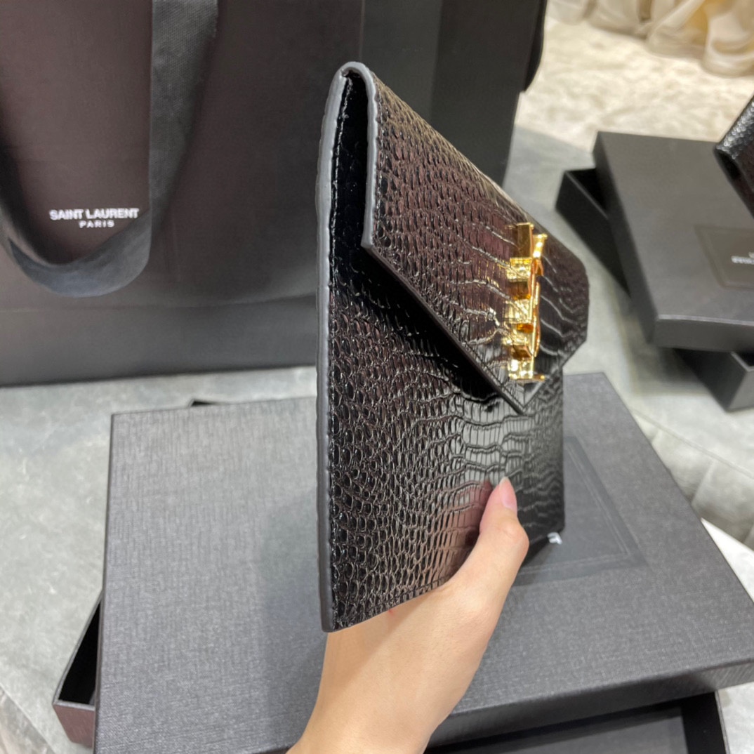 Lady Designer Uptown  POUCH IN CROCODILE-EMBOSSED SHINY LEATHER BLACK-Gold hardware - Bag - Gorchic - $122.99