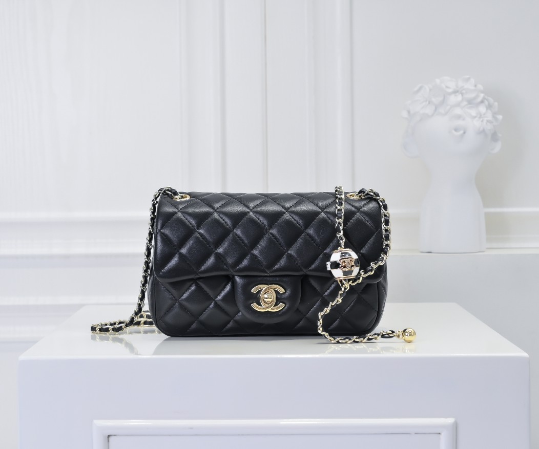 CC Inspired Classic Flag Bag CC Pearl Crush Mini Square Flap Bag Black Calfskin Antique Gold Hardware - Bag - Gorchic - $127.99