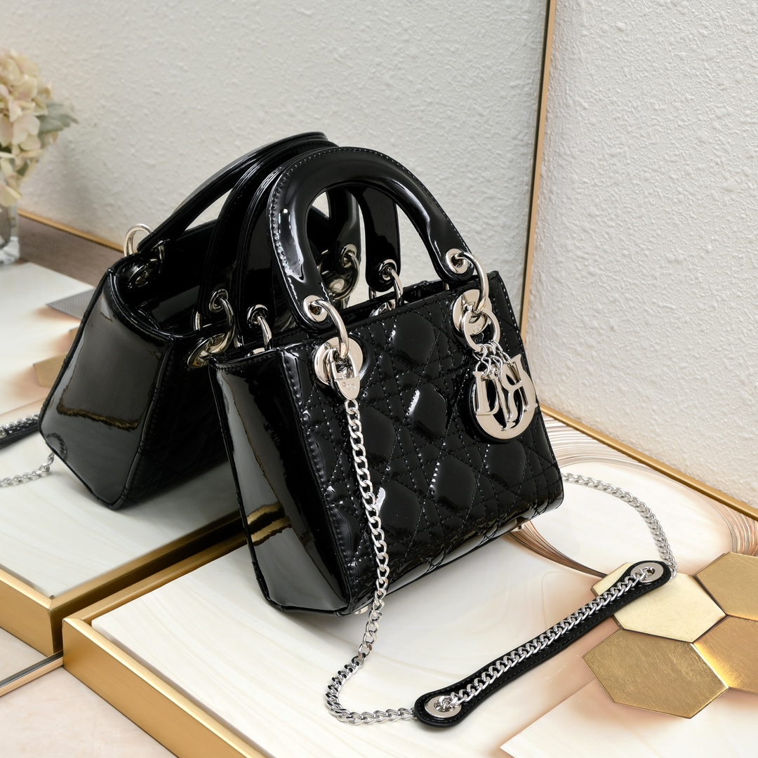 D Inspired Mini Lady D Inspired Bag Powder Black Patent Cannage Calfskin Golden Hardware - Bag - Gorchic - $138.99