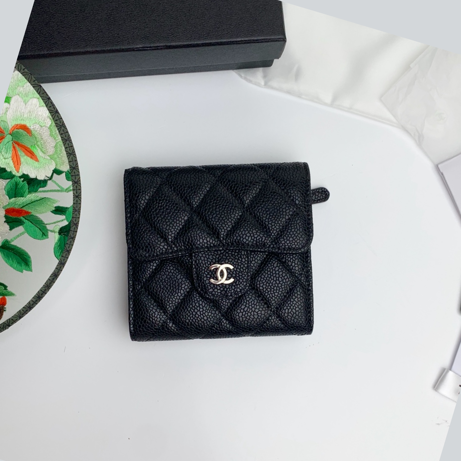 CC Inspired Flap Compact Wallet Quilted Caviar Gold-tone Black - Gorchic - $85.99