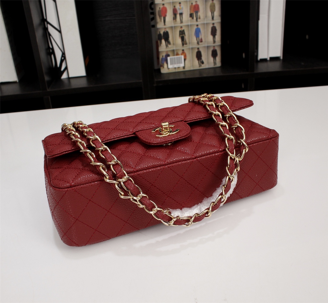 CC Inspired Classic Double Flap Bag Dark Red Caviar Golden Hardware - Bag - Gorchic - $122.99